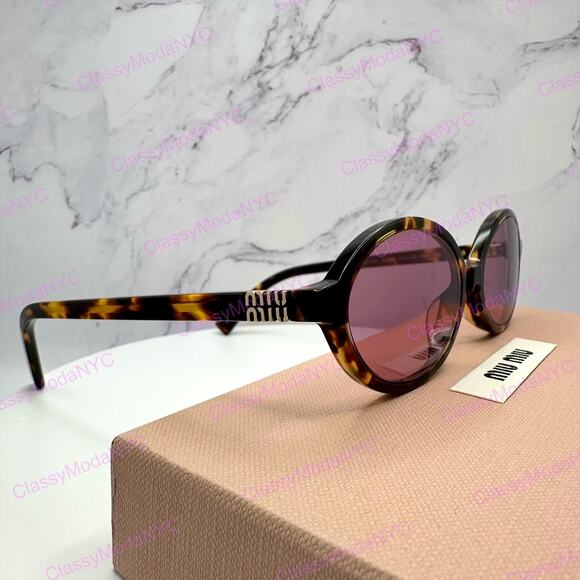 New MIU MIU Sunglasses Brown Tortoise Round Acetate Gold Metal Logo Authentic main image 4
